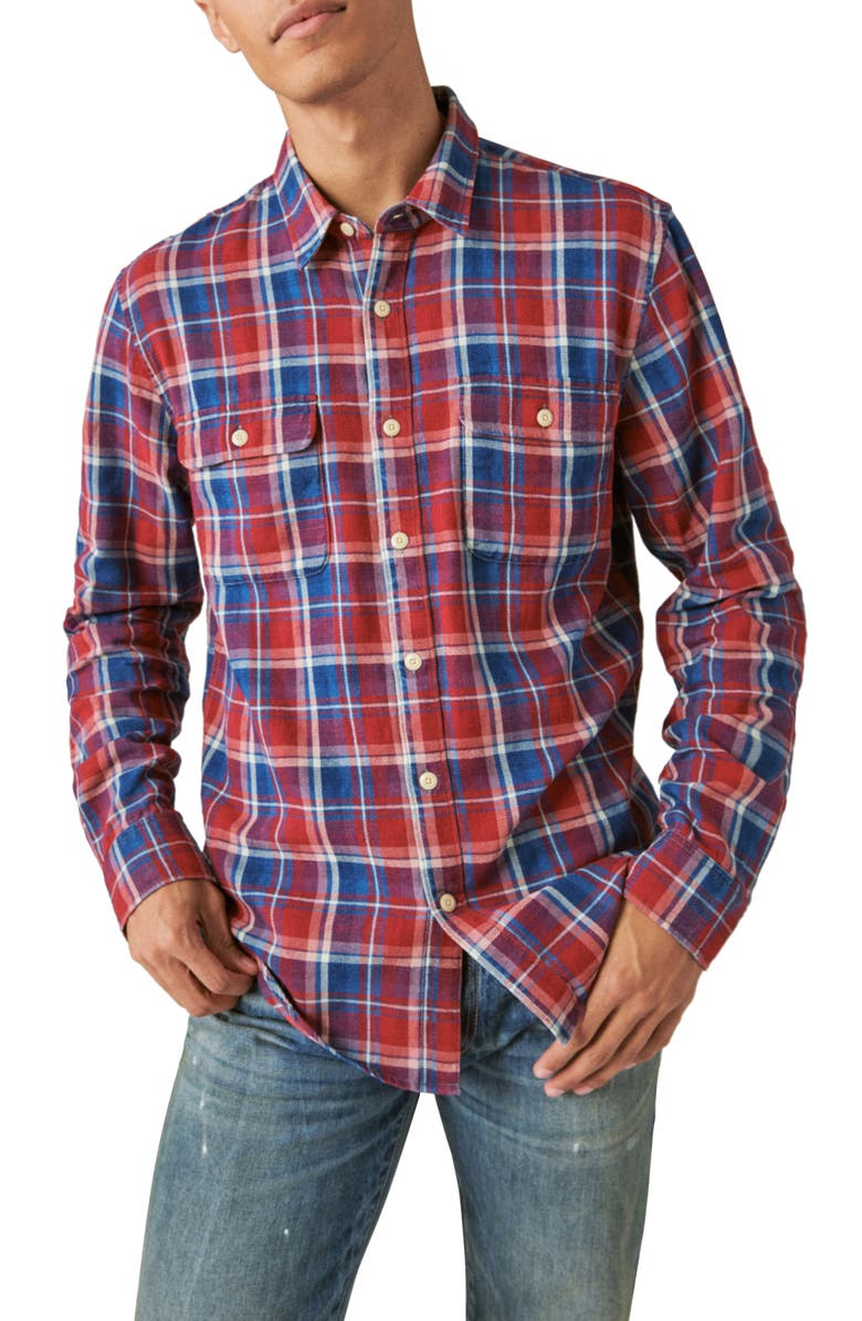 Lucky Brand Mesa Plaid Cotton Flannel Button-Up Shirt, Main, color, Indigo Multi