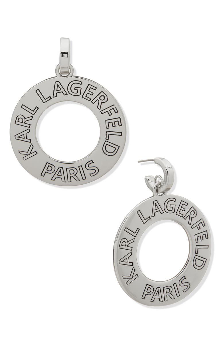 KARL LAGERFELD Open Ring Logo Drop Earrings, Main, color,