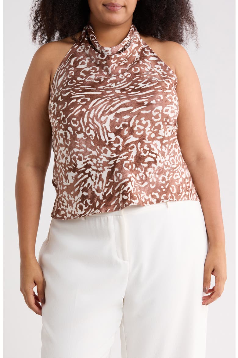 Animal Print Halter Satin Top, Main, color, BROWN