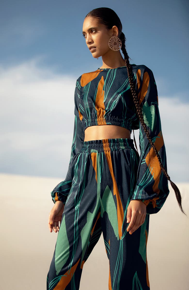 DIARRABLU Sarai Costa Print Blouson Sleeve Crop Top, Alternate, color, 