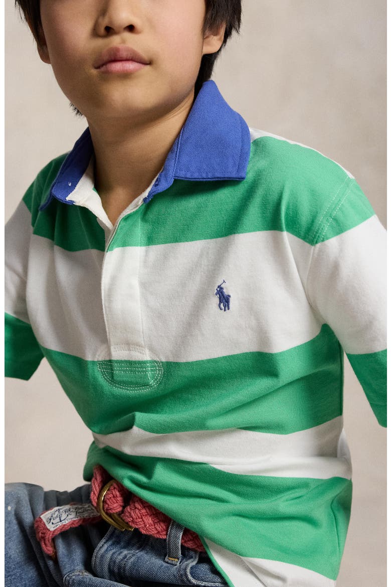 Kids' Rugby Stripe Cotton Jersey Polo, Alternate, color, PLATO GREEN/ WHITE