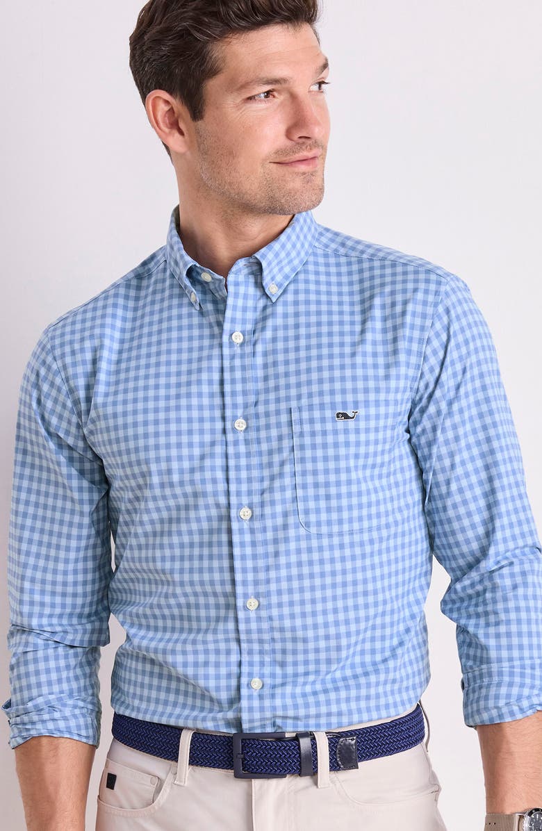 vineyard vines Topsail Classic Fit Gingham Button-Down Performance Shirt, Alternate, color, Jake Blue