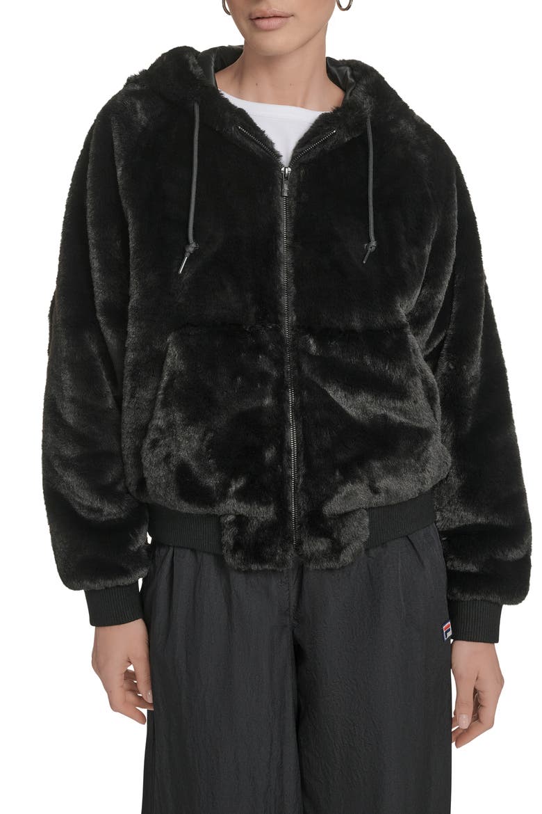 Faux Fur Bomber Hoodie, Main, color, BLACK