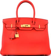 Pre-Owned Hermes Birkin Handbag Red Clemence with Gold Hardware 30