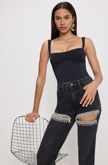 Good Icon Crystal Embellished Cutout Straight Leg Jeans