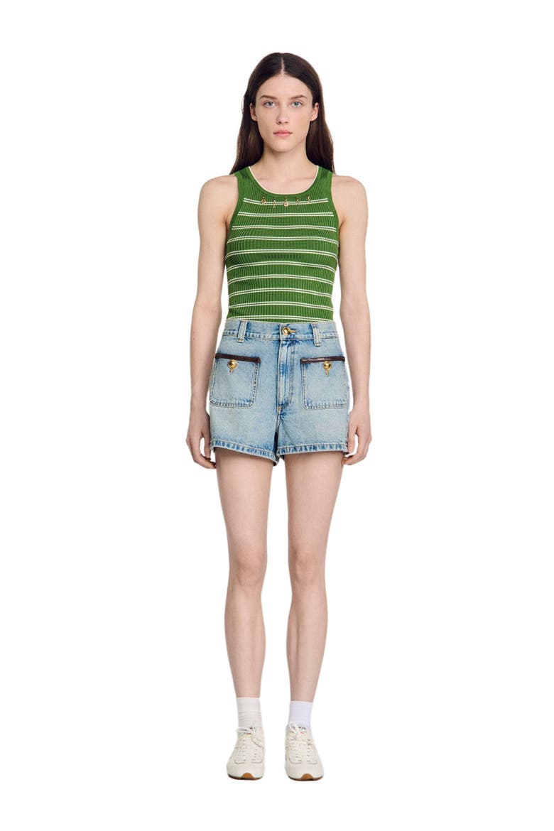 Denim shorts with leather detail, Alternate, color, Blue jean