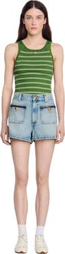 SANDRO Denim Shorts With Leather Detail