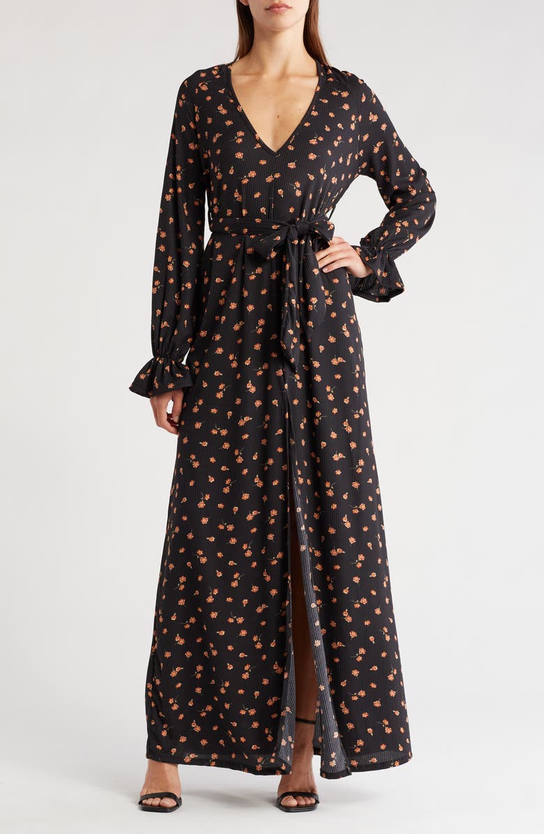GO COUTURE Ruffle Cuff Long Sleeve Maxi Dress, Main, color, Multi Floral Print