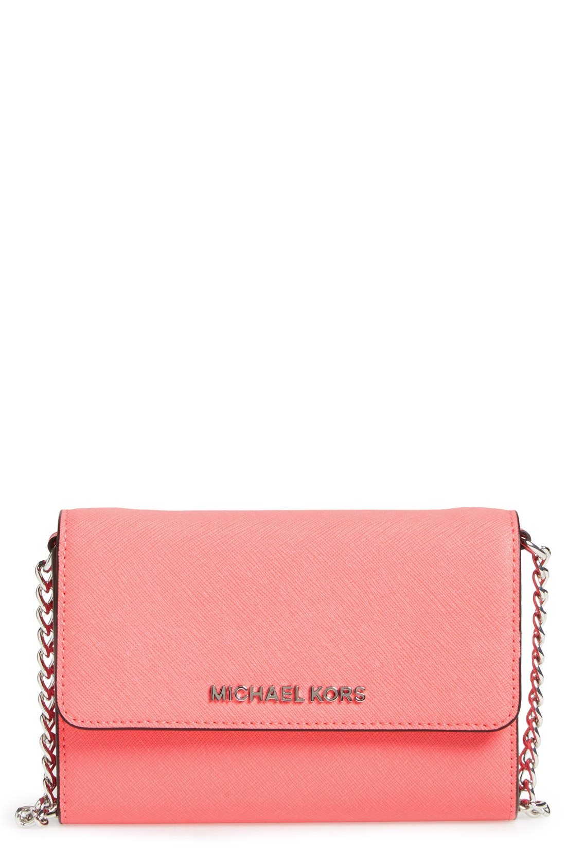'Large Jet Set' Saffiano Leather Crossbody Bag, Main, color, CORAL/ SILVER