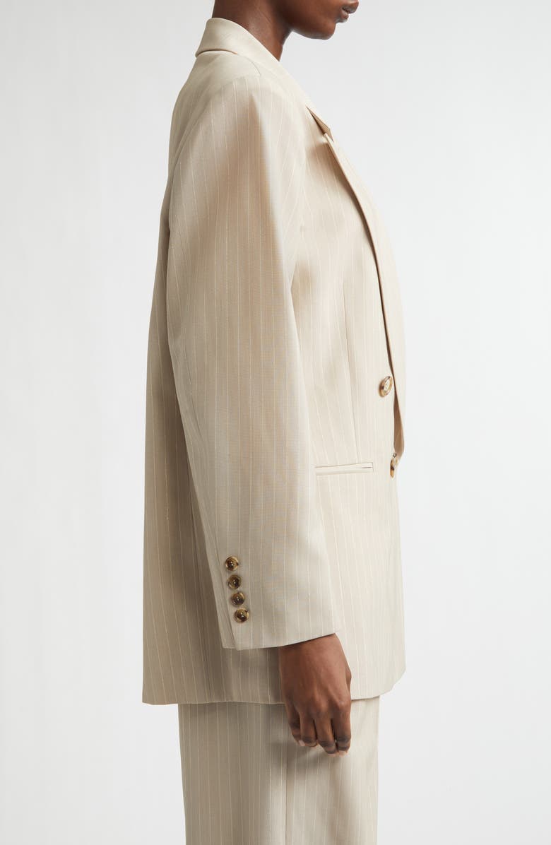 LaQuan Smith Shimmer Pinstripe Double Breasted Jacket, Alternate, color, Sand