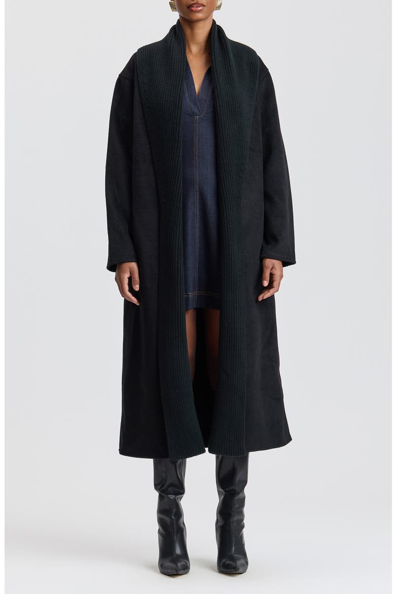 Mixed Media Shawl Collar Belted Coat, Alternate, color, BLACK