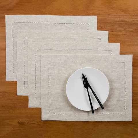 Linen Placemats Set of 4, 14 x 19 Inch for Dining Table, Holiday and Everyday Table Decor - Classic Hemstitch