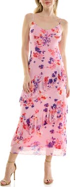 bebe Print Mesh Ruffle Maxi Dress