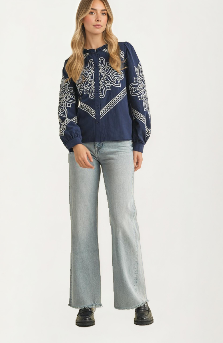 Knit and Lounge Embroidered Button-Front Puff-Sleeve Blouse, Alternate, color, Navy Embroidered