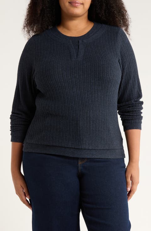 Twofer Long Sleeve Ribbed Top (Plus)