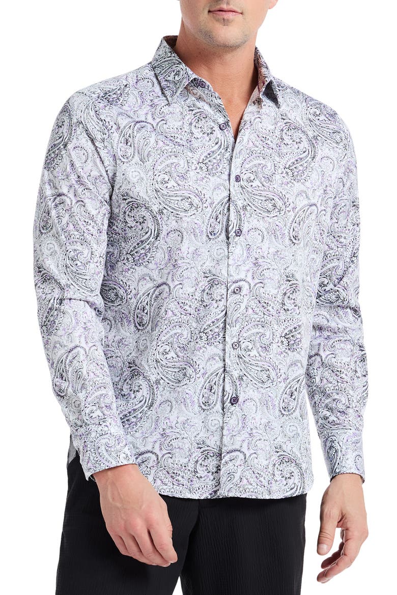 Ibiza Paisley Stretch Button-Up Shirt, Main, color, PURPLE