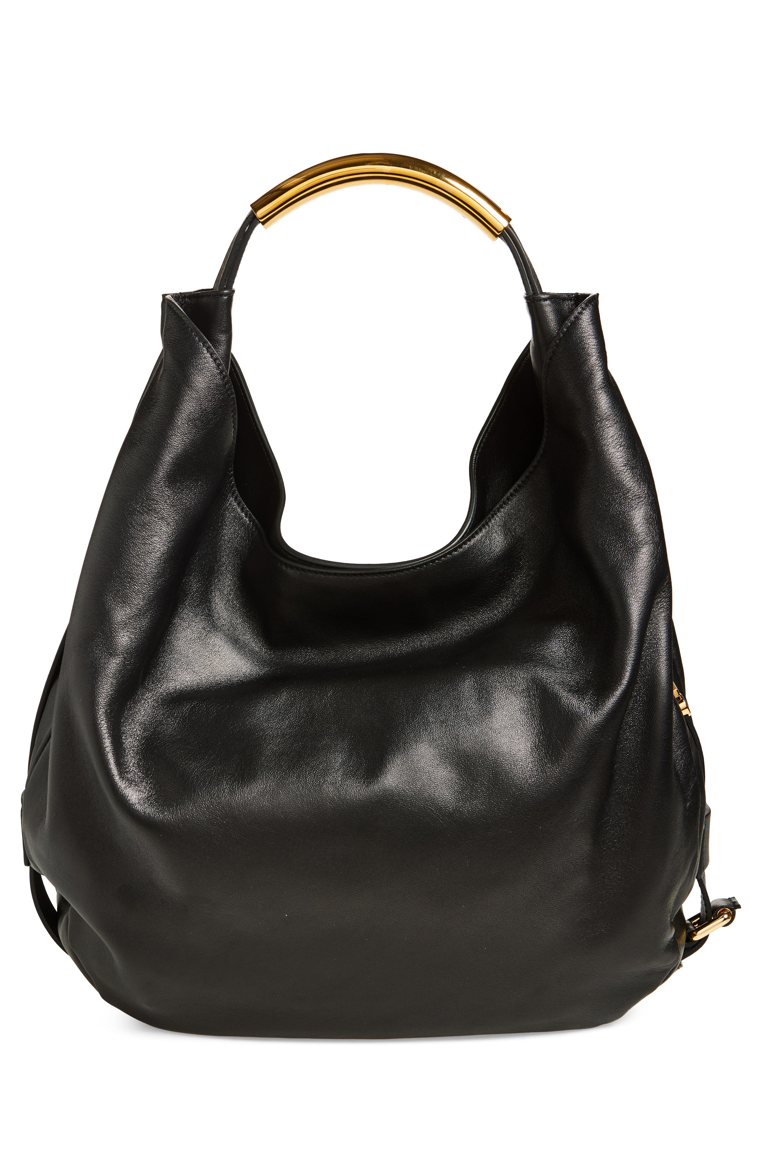 Moschino Handle Me Leather Hobo Bag, Alternate, color, Black