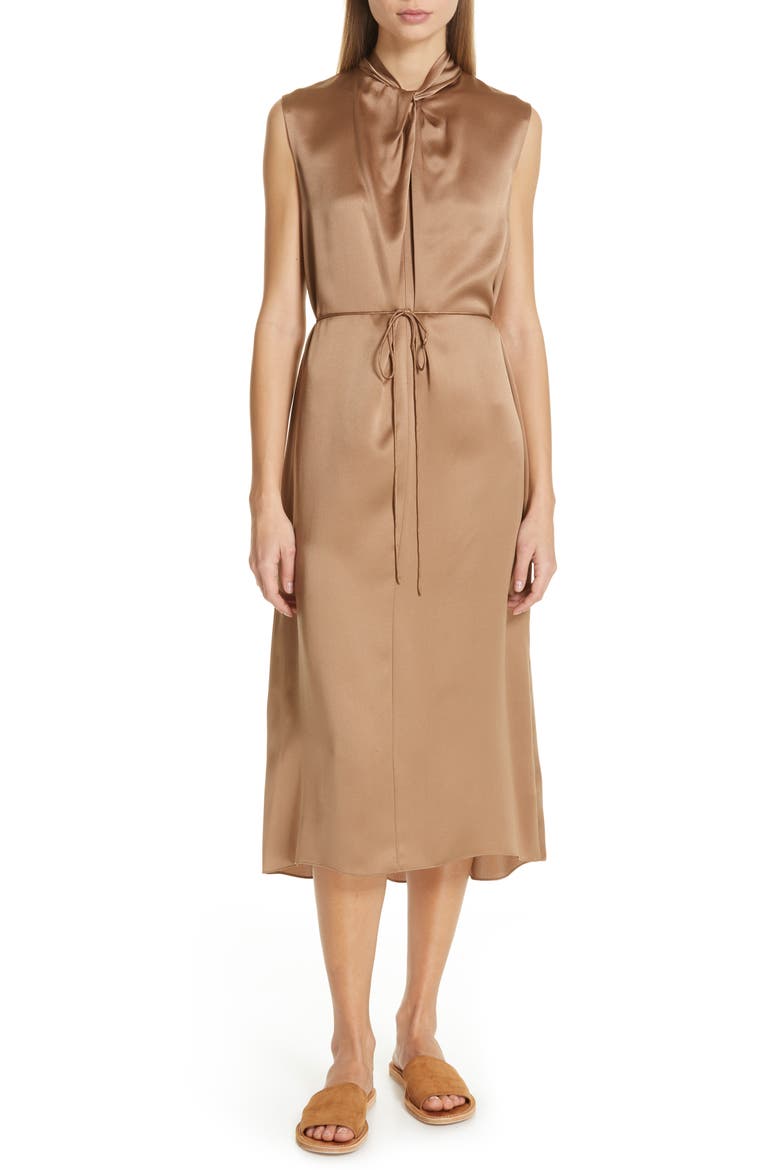 Knot Neck Tie Waist Midi Dress, Main, color, EARTH
