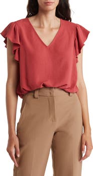 Adrianna Papell Flutter Sleeve Crinkled Satin Blouse