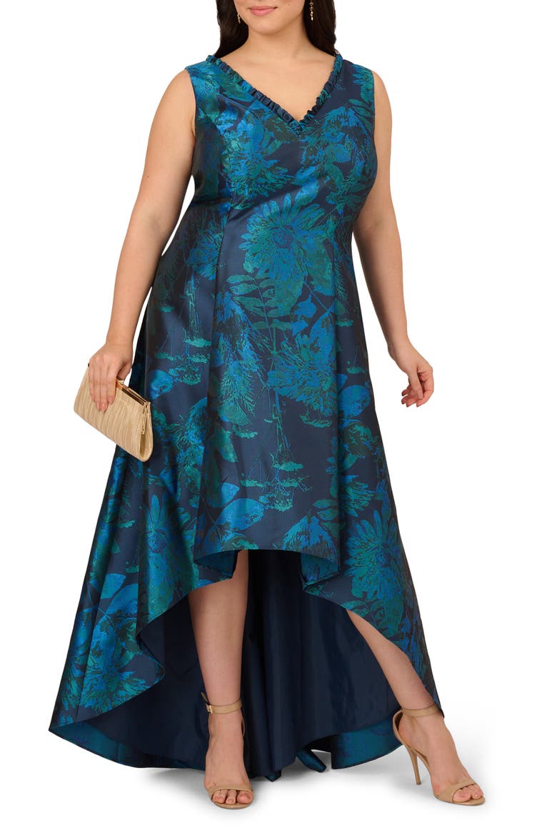 Floral Jacquard High-Low Fit & Flare Cocktail Dress, Main, color, COBALT MULTI