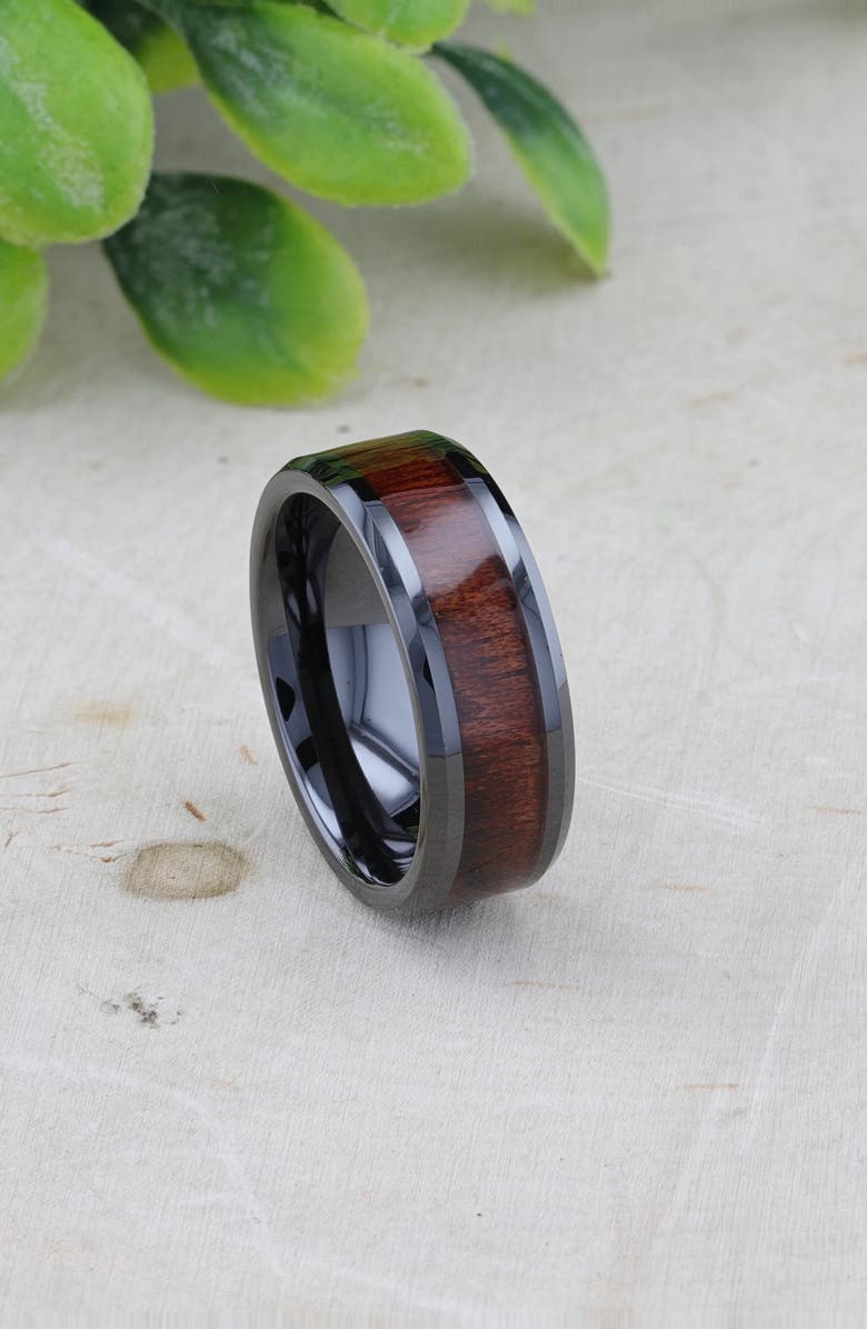 Larson Jewelers Benny Ceramic Beveled Wedding Band, Alternate, color, Black / Bubinga Wood