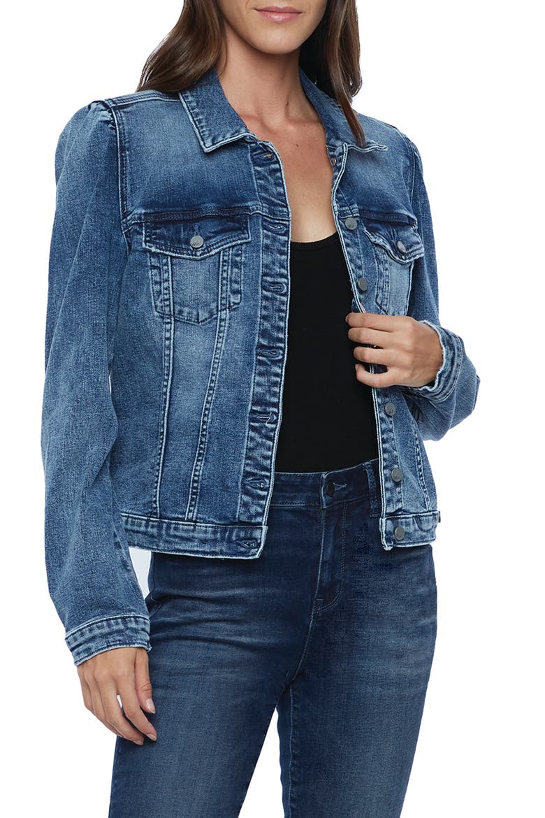 Wash Lab Puff Sleeve Denim Jacket, Main, color, BLUE FOAM DARK