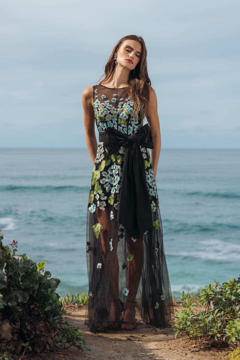 Sleeveless Mesh Applique Gown With Bow Belt, Alternate, color, Blue Multi