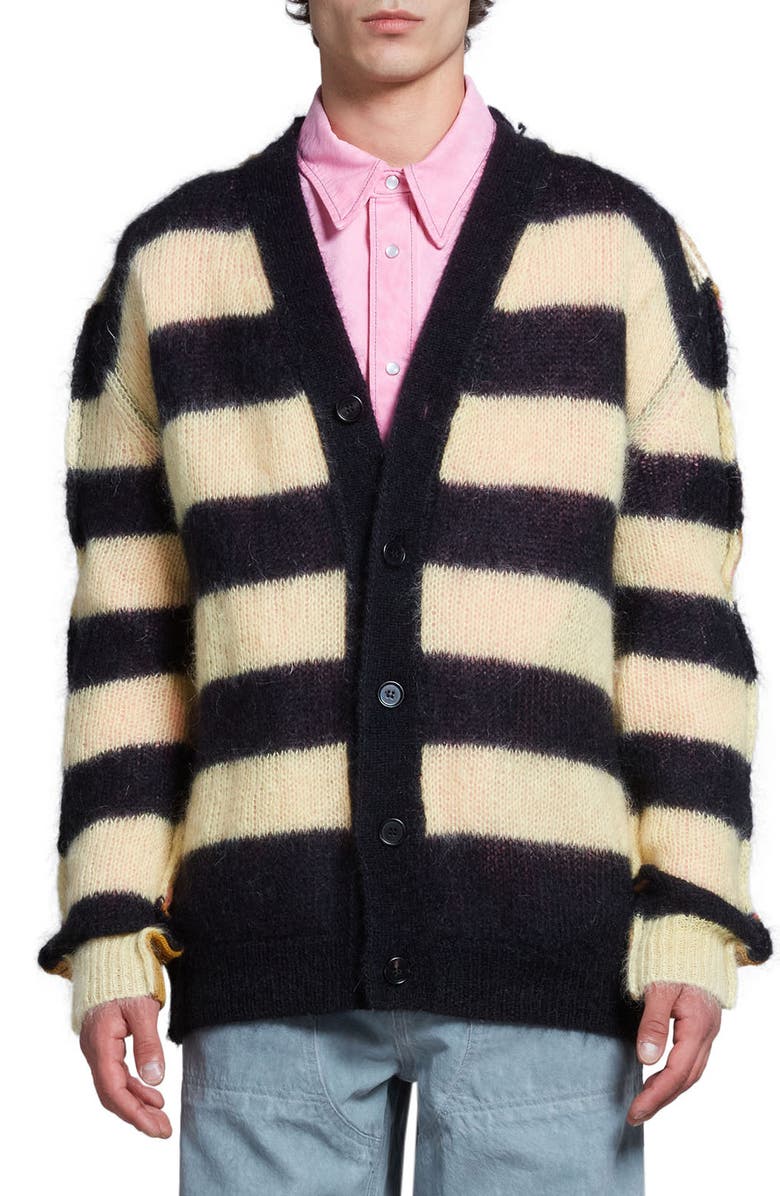 Marni Contrast Stripe V-Neck Mohair & Virgin Wool Blend Cardigan, Main, color, 