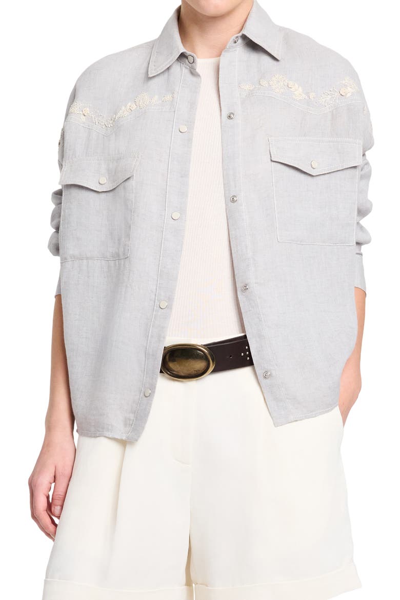 Carter Embroidered Yoke Snap Top, Main, color, LIGHT HEATHER GREY