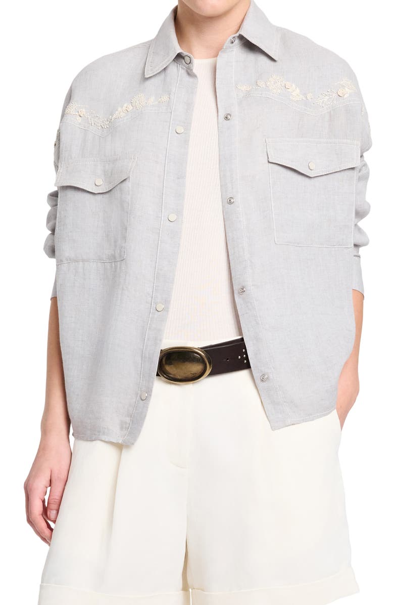 TWP Carter Embroidered Yoke Snap Top, Main, color, Light Heather Grey
