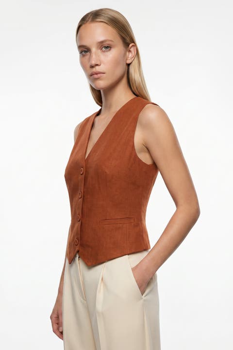 Sleeveless Lined Linen Vest With Welt Pockets