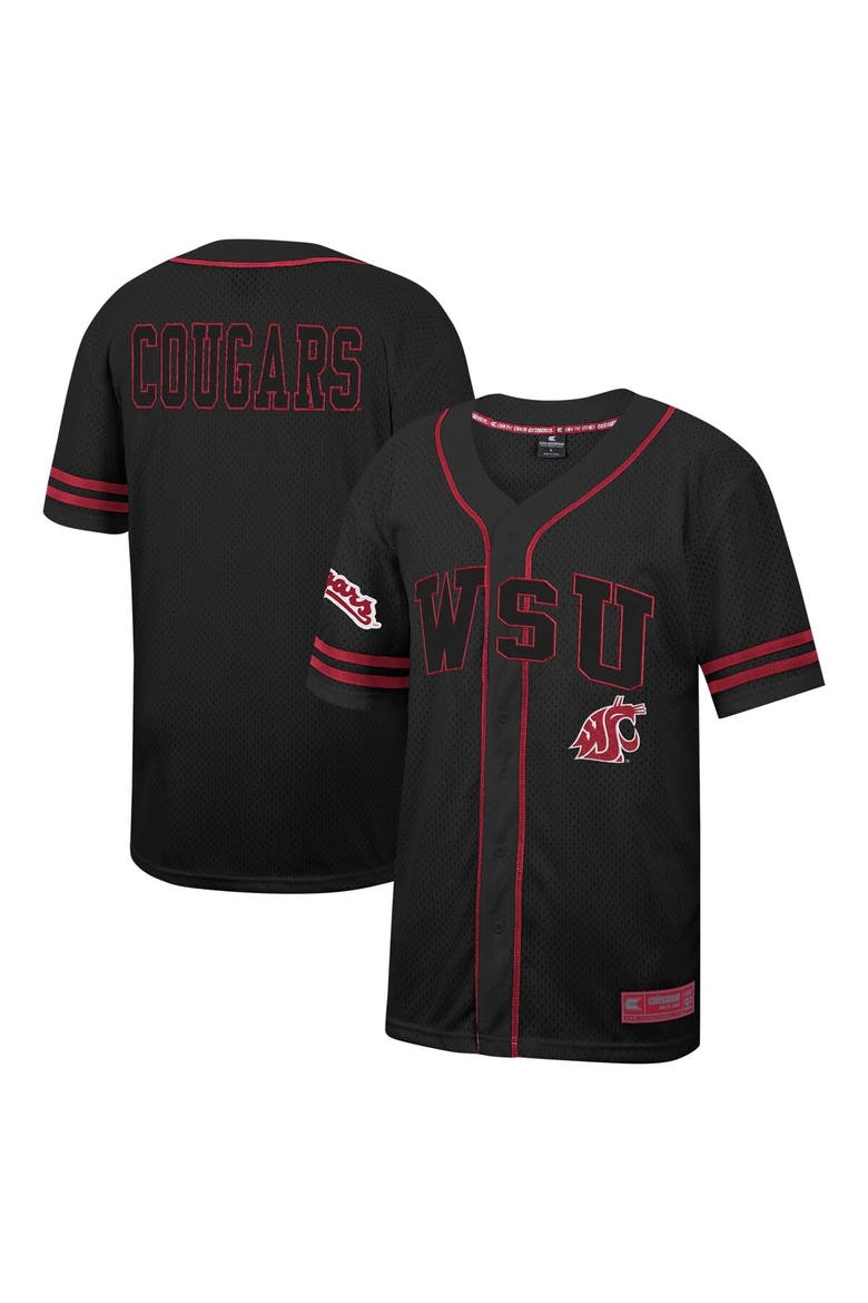 Men's Colosseum Black Washington State Cougars Free Spirited Mesh Button-Up Baseball Jersey, Main, color, Black