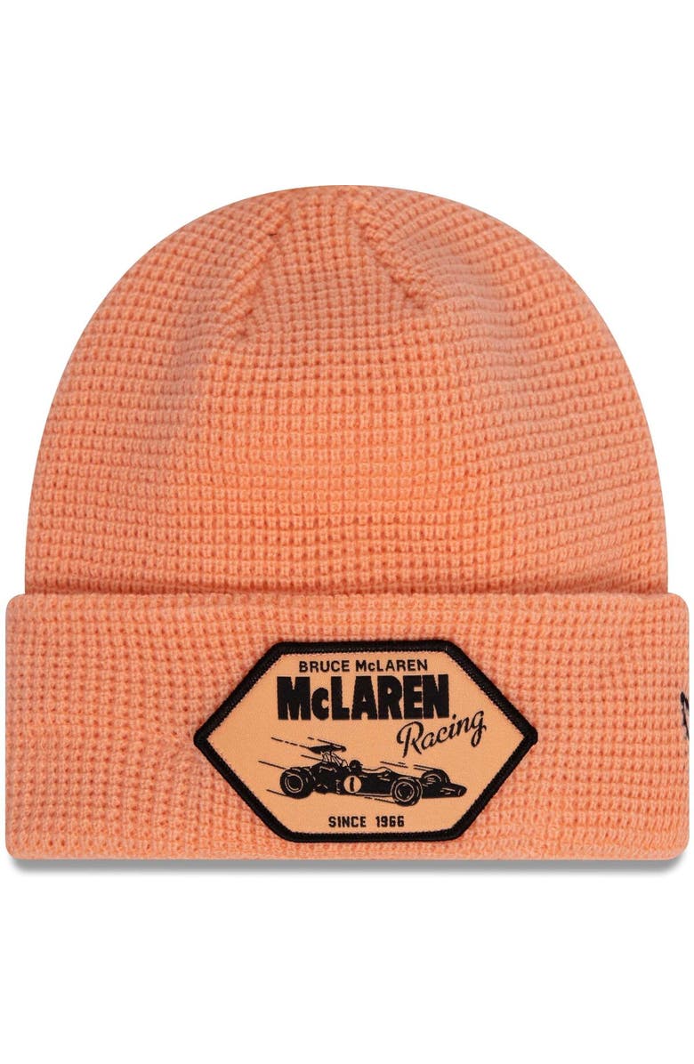 New Era Men's New Era Coral McLaren F1 Team Heritage Patch Cuffed Knit Hat, Main, color,