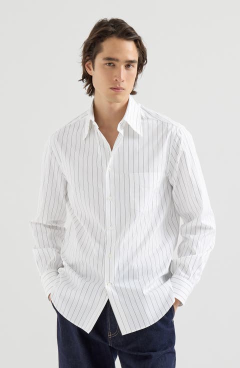 Pinstripe Poplin Shirt With Italian Collar And Chest Pocket