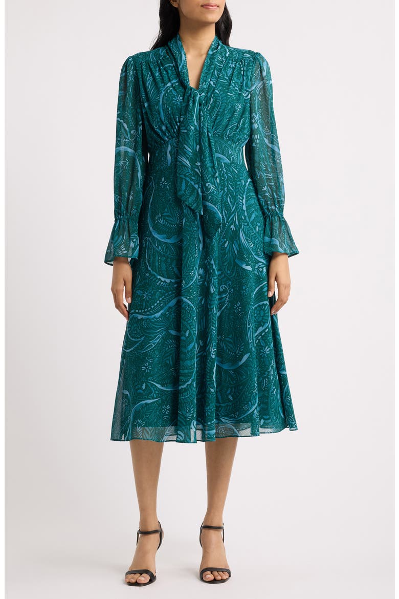 Print Tie Neck Long Sleeve Midi Dress, Main, color, TEAL PAISLEY