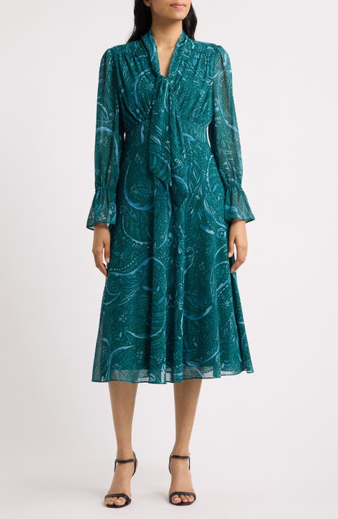 Print Tie Neck Long Sleeve Midi Dress