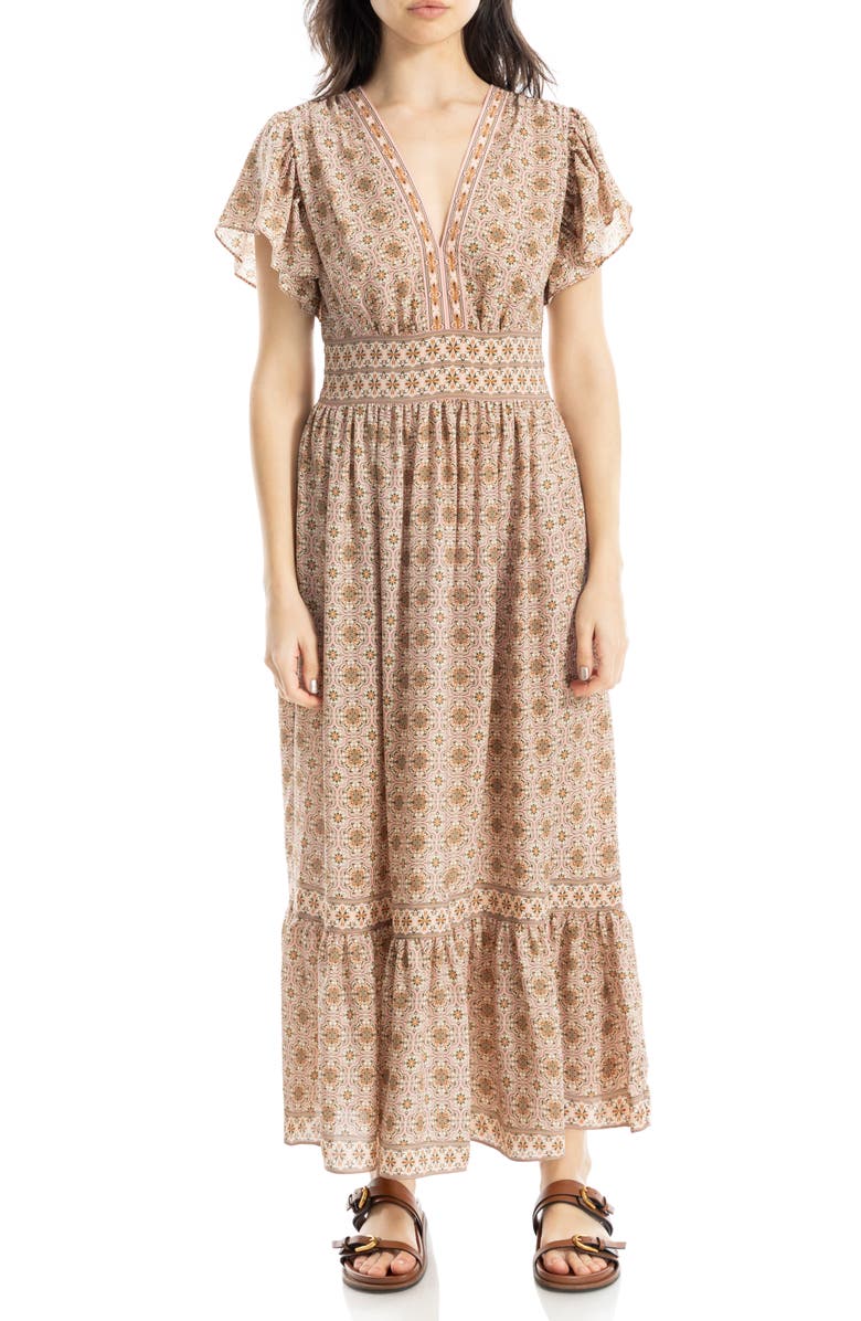 MAX STUDIO Flutter Sleeve Floral Tiered Maxi Dress, Main, color, Blush/ Olive