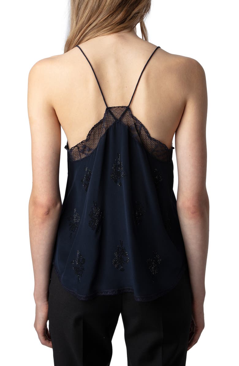 Zadig & Voltaire Christy Lace Embellished Racerback Silk Camisole, Alternate, color,