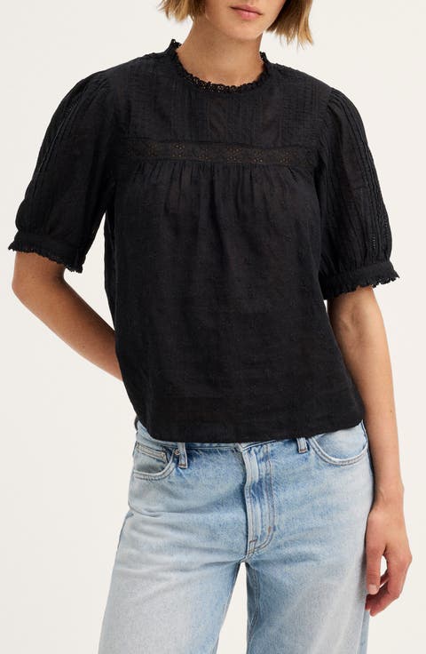 Embroidered Pintuck Crewneck Voile Top