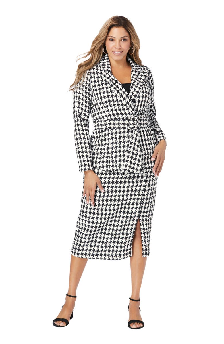 Jessica London Belted Skirt Suit, Main, color, Ivory Houndstooth