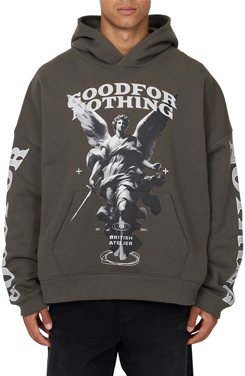 Good For Nothing Boxy Washed Statue Print Hoodie, Main, color, Grey