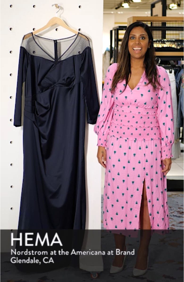 Long Sleeve Illusion Off the Shoulder Satin Gown, sales video thumbnail