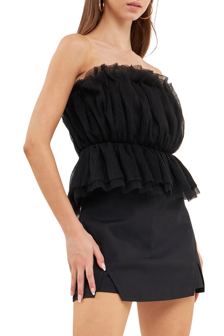 Strapless Tulle Peplum Top, Alternate, color, BLACK