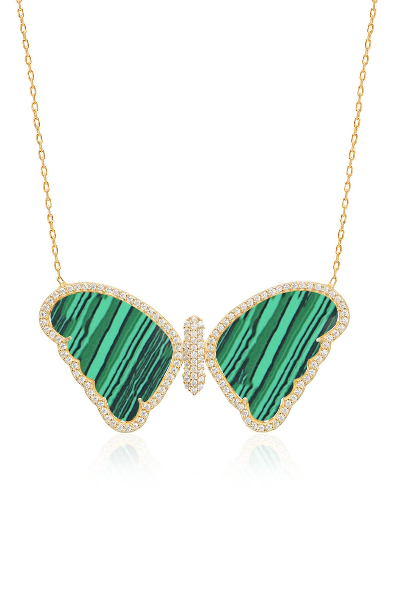 GABI RIELLE 14K Yellow Gold Plated Sterling Silver Pave CZ & Malachite Butterfly Pendant Necklace