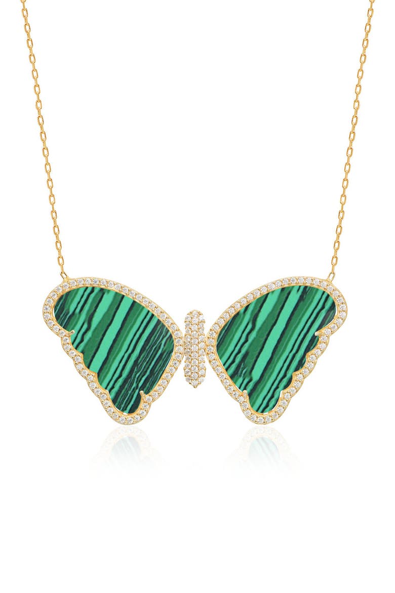 14K Yellow Gold Plated Sterling Silver Pave CZ & Malachite Butterfly Pendant Necklace, Main, color, GOLD