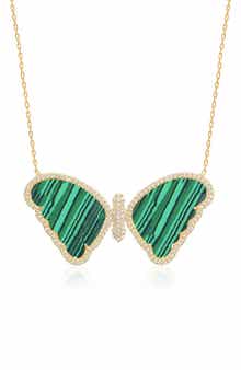 GABI RIELLE 14K Yellow Gold Plated Sterling Silver Pave CZ & Malachite Butterfly Pendant Necklace
