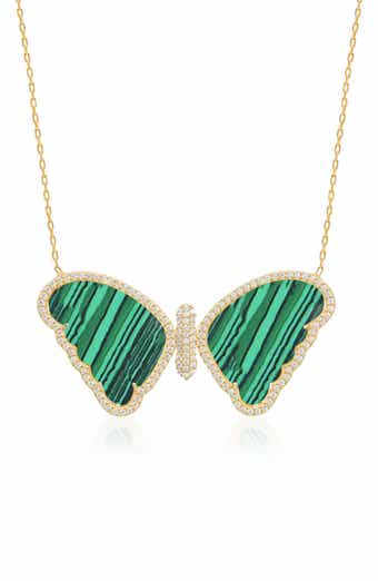 GABI RIELLE 14K Yellow Gold Plated Sterling Silver Pave CZ & Malachite Butterfly Pendant Necklace