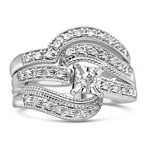 Silver 1/3 Cttw Diamond Crisscross Engagement Ring Bridal Set