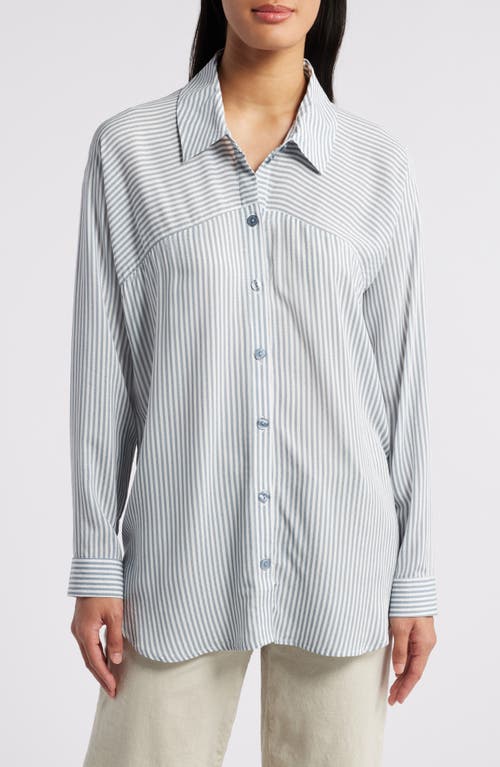 Bobeau Stripe Button-Up Tunic in Ivory/Dusty Blue Stripe 