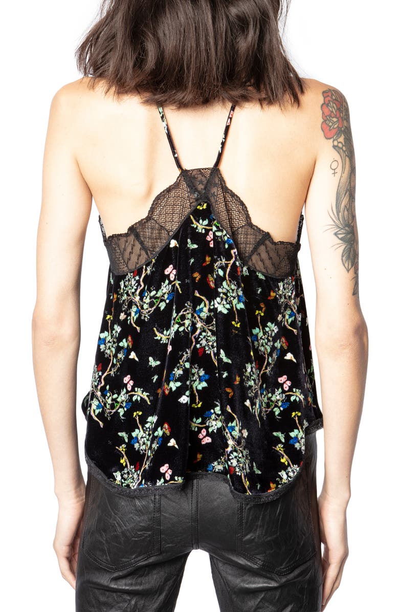 Zadig & Voltaire Christy Velvet Blossom Lace Trim Camisole, Alternate, color, Noir